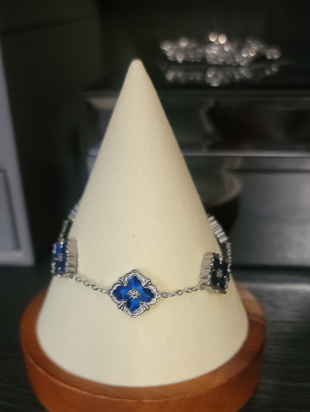 Stainless Steel Blue Enamel Floral Link Bracelet